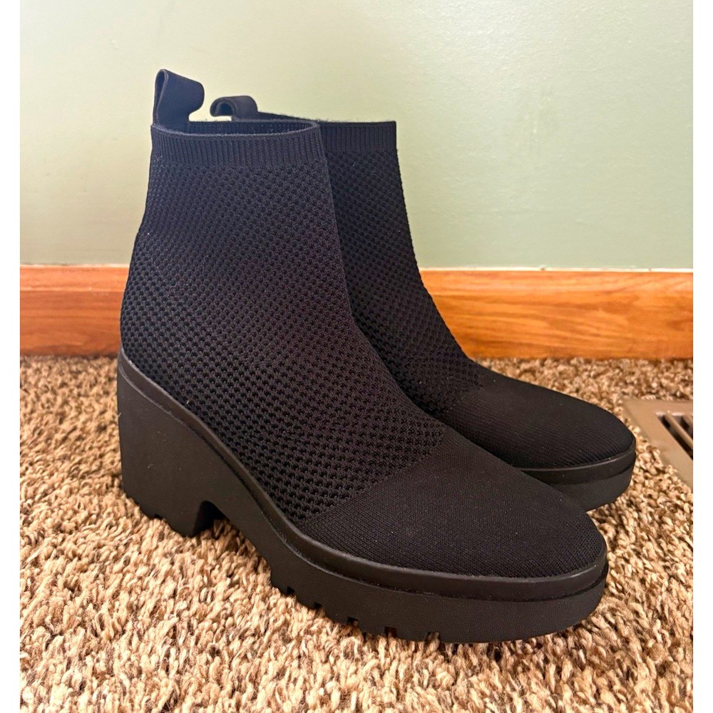 Eileen Fisher Korma Black Knit Ankle Bootie Women's US 8 Pull-On Lug Round Toe